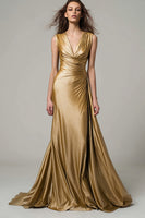 Load image into Gallery viewer, Women Sparkly Gold Metallic Ruched Long Formal Dress Mermaid V-Neck Evening Dress