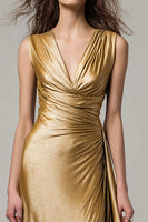 Load image into Gallery viewer, Sparkly Gold V-Neck Metallic Ruched Mermaid Long Formal Dress