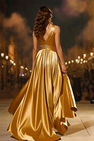 Load image into Gallery viewer, Gold Mermaid V-Neck Satin Long Formal Dress with Cape