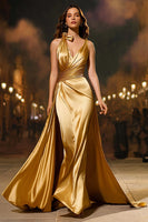 Load image into Gallery viewer, Gold Mermaid V-Neck Satin Long Formal Dress with Cape