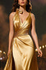 Load image into Gallery viewer, Gold Mermaid V-Neck Satin Long Formal Dress with Cape