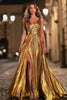 Load image into Gallery viewer, Sparkly Gold Metallic V-Neck Pleated A-Line Long Formal Dress with Slit