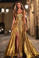 Load image into Gallery viewer, Queendancer UK Women Sparkly Gold Metallic Long Formal Dress A-Line V-Neck Pleated Evening Dress with Slit