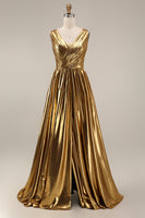 Load image into Gallery viewer, Sparkly Gold Metallic V-Neck Pleated A-Line Long Formal Dress with Slit