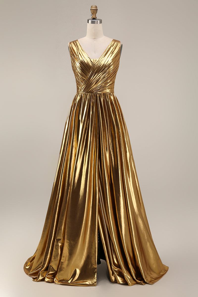 Load image into Gallery viewer, Sparkly Gold Metallic V-Neck Pleated A-Line Long Formal Dress with Slit