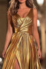 Load image into Gallery viewer, Sparkly Gold Metallic V-Neck Pleated A-Line Long Formal Dress with Slit
