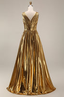 Load image into Gallery viewer, Sparkly Gold Metallic V-Neck Pleated A-Line Long Formal Dress with Slit