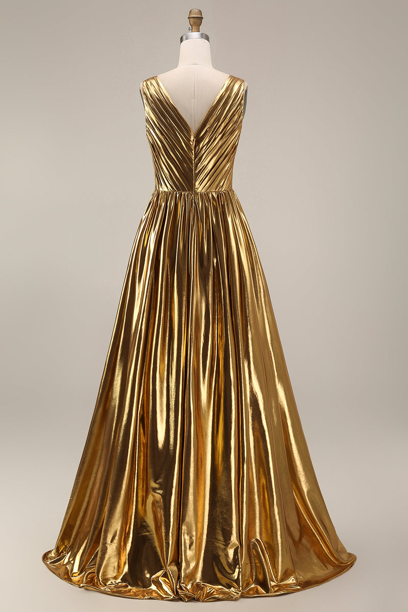 Load image into Gallery viewer, Sparkly Gold Metallic V-Neck Pleated A-Line Long Formal Dress with Slit