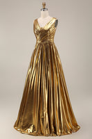 Load image into Gallery viewer, Sparkly Gold Metallic V-Neck Pleated A-Line Long Formal Dress with Slit
