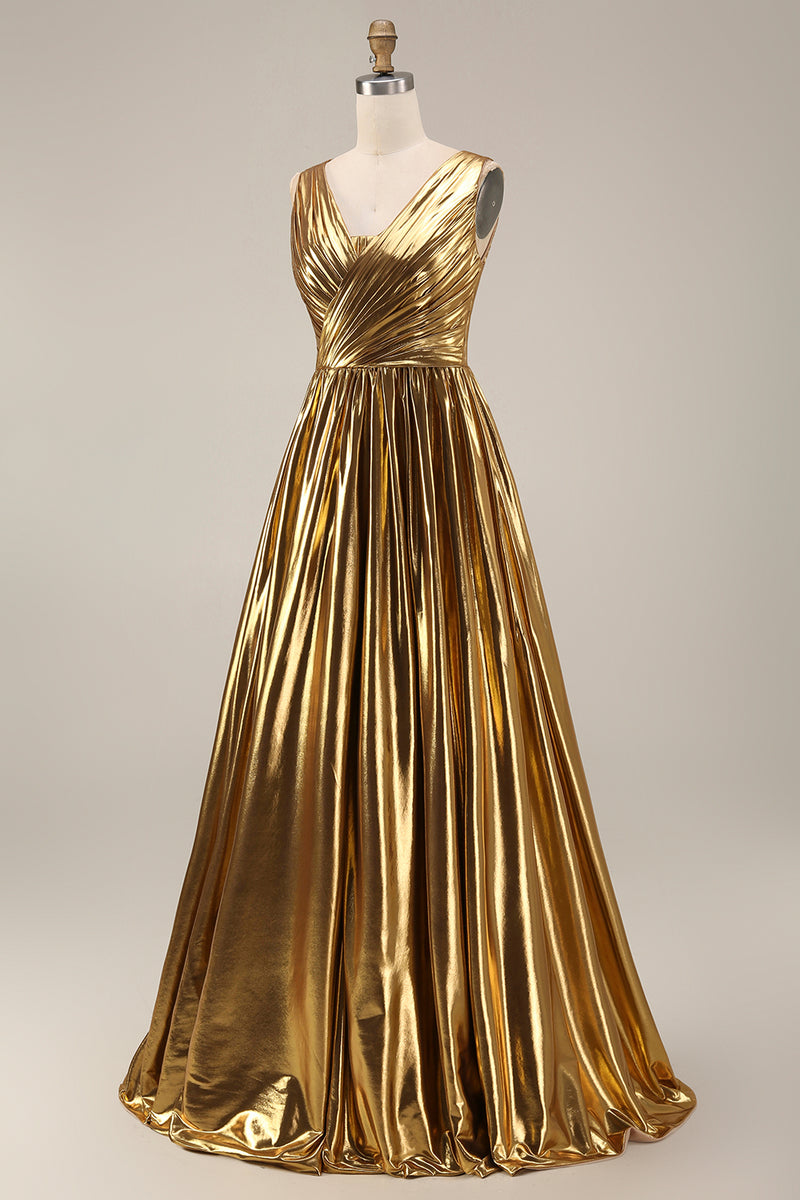 Load image into Gallery viewer, Sparkly Gold Metallic V-Neck Pleated A-Line Long Formal Dress with Slit