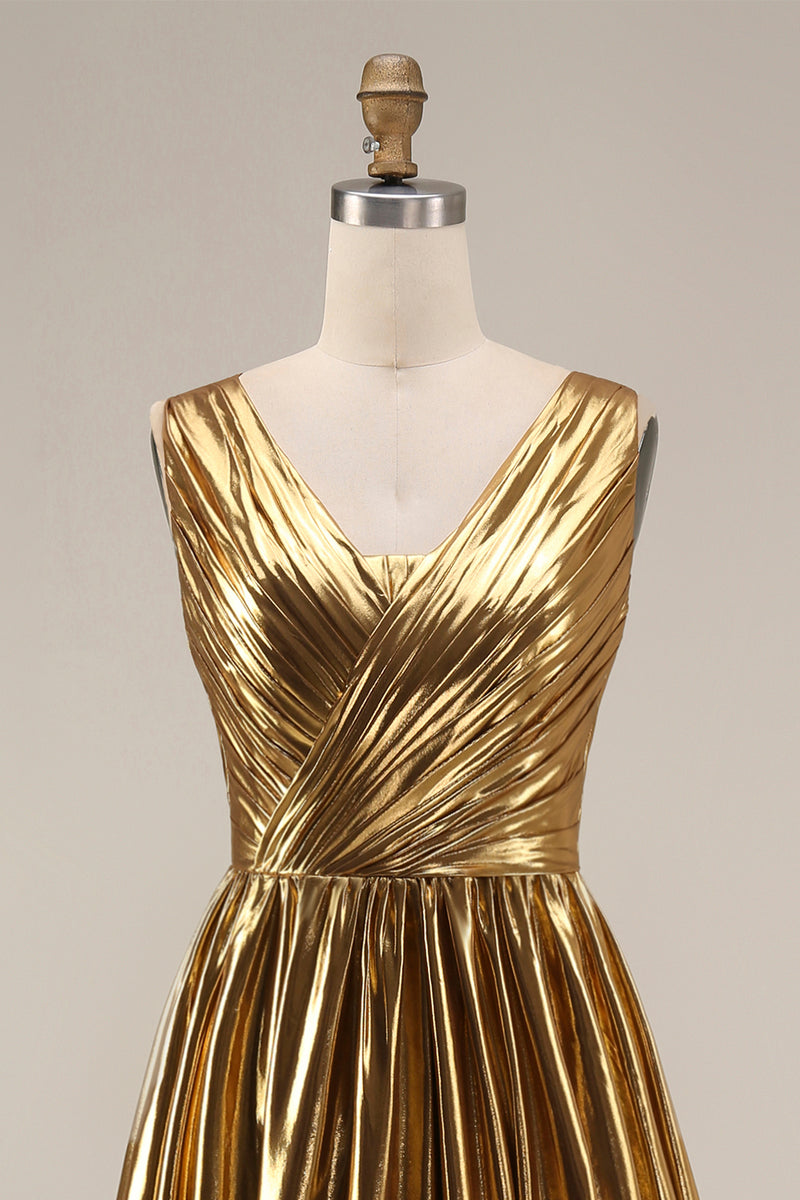 Load image into Gallery viewer, Sparkly Gold Metallic V-Neck Pleated A-Line Long Formal Dress with Slit