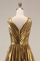 Load image into Gallery viewer, Sparkly Gold Metallic V-Neck Pleated A-Line Long Formal Dress with Slit