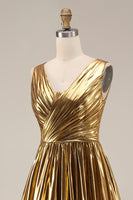 Load image into Gallery viewer, Sparkly Gold Metallic V-Neck Pleated A-Line Long Formal Dress with Slit