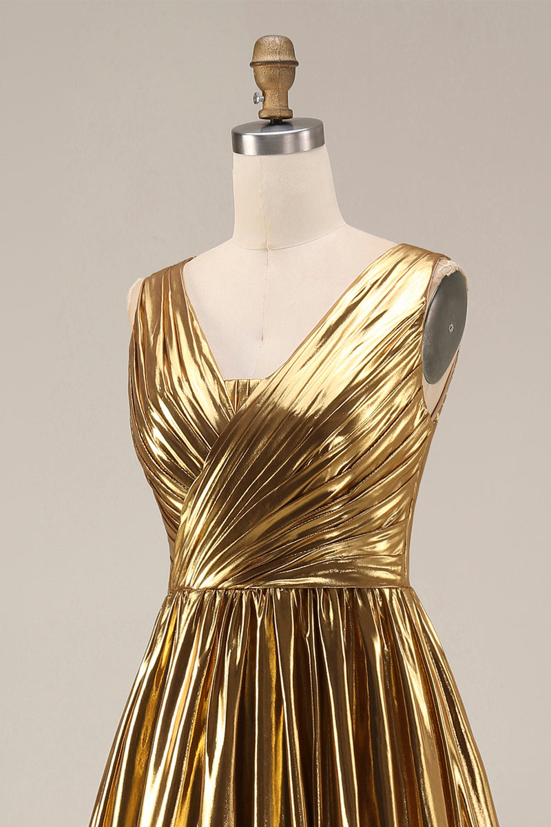 Load image into Gallery viewer, Sparkly Gold Metallic V-Neck Pleated A-Line Long Formal Dress with Slit