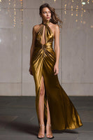 Load image into Gallery viewer, Sparkly Gold Metallic Halter Ruched Long Formal Dress with Slit