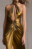Load image into Gallery viewer, Sparkly Gold Metallic Halter Ruched Long Formal Dress with Slit