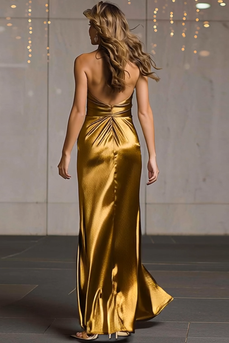Sparkly Gold Metallic Halter Ruched Long Formal Dress with Slit