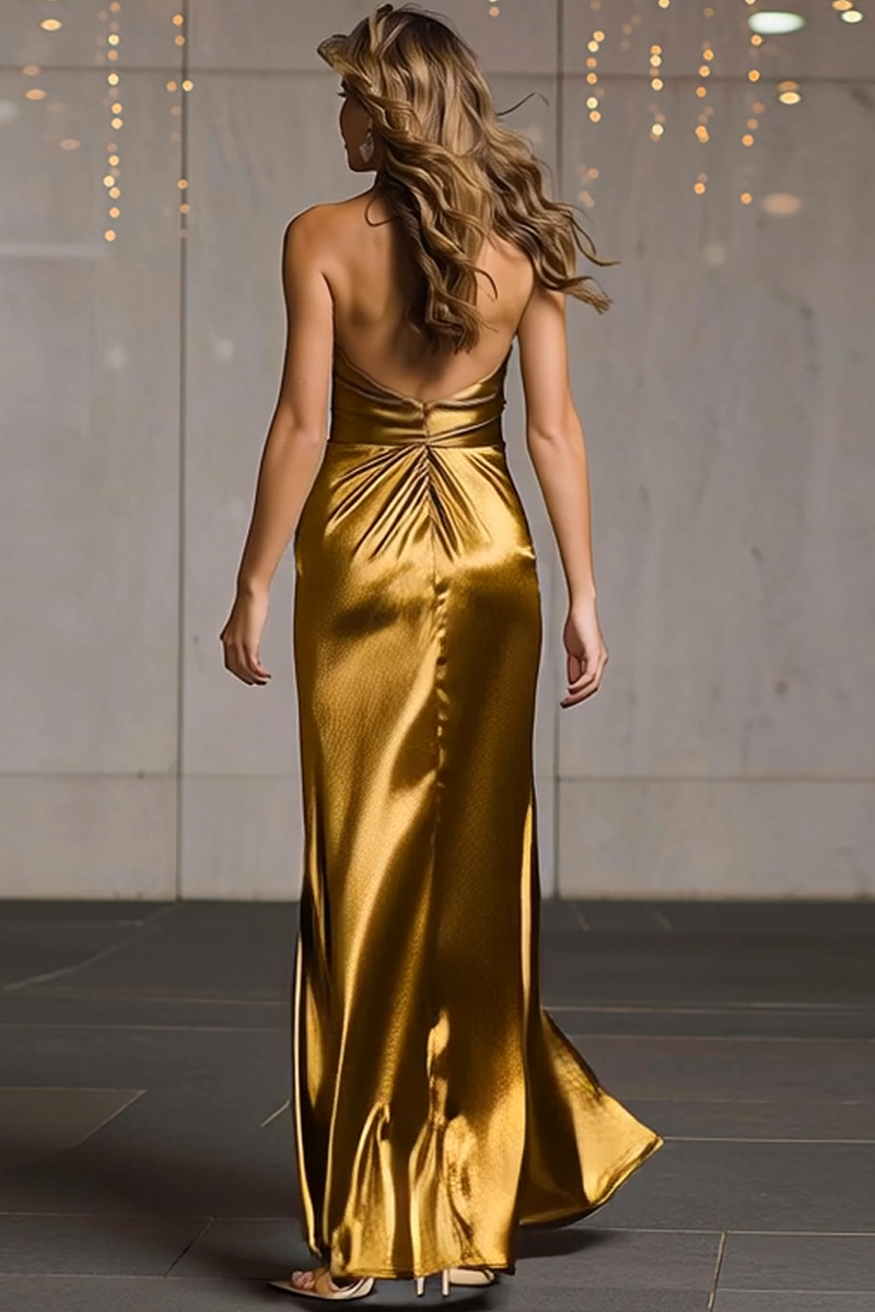 Load image into Gallery viewer, Sparkly Gold Metallic Halter Ruched Long Formal Dress with Slit