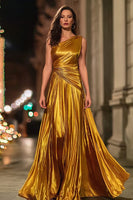 Load image into Gallery viewer, Sparkly Gold Metallic One Shoulder Ruched Long Formal Dress