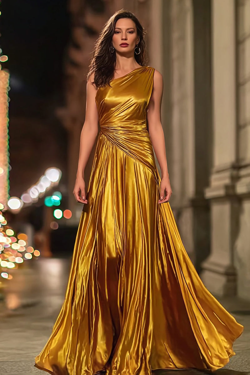 Load image into Gallery viewer, Sparkly Gold Metallic One Shoulder Ruched Long Formal Dress