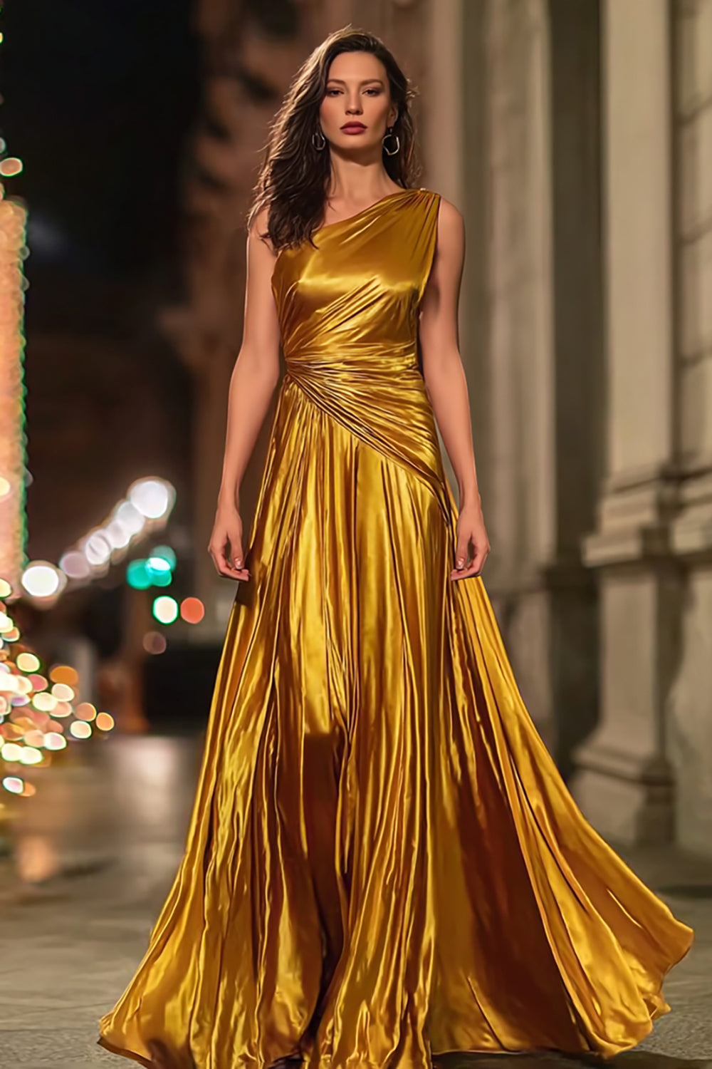 Sparkly Gold Metallic One Shoulder Ruched Long Formal Dress