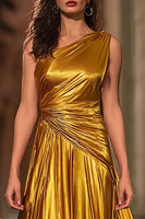 Load image into Gallery viewer, Sparkly Gold Metallic One Shoulder Ruched Long Formal Dress
