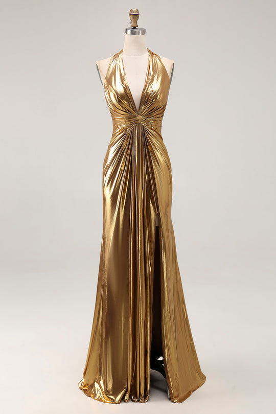 Queendancer Women Sparkly Gold Metallic Ruched Long Formal Dress Sheath Halter Holiday Party Dress