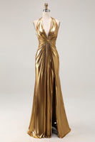 Load image into Gallery viewer, Sparkly Gold Metallic Halter Ruched Long Formal Dress with Slit