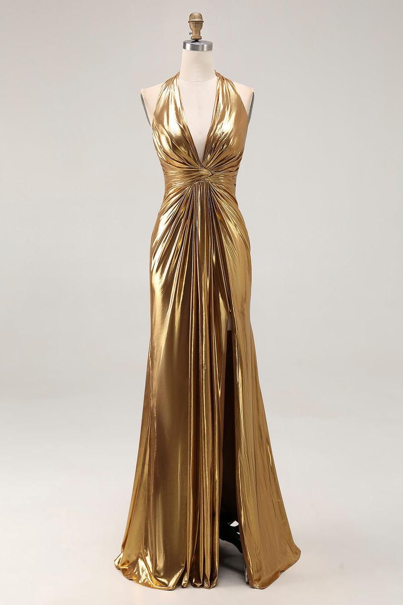 Load image into Gallery viewer, Sparkly Gold Halter Metallic Ruched Long Formal Dress with Slit