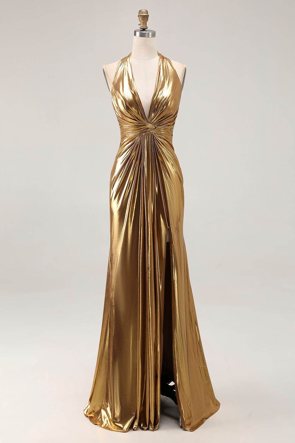 Sparkly Gold Halter Metallic Ruched Long Formal Dress with Slit