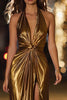 Load image into Gallery viewer, Sparkly Gold Metallic Halter Ruched Long Formal Dress with Slit