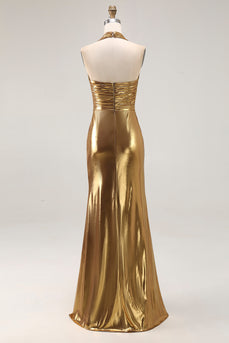 Sparkly Gold Halter Metallic Ruched Long Formal Dress with Slit