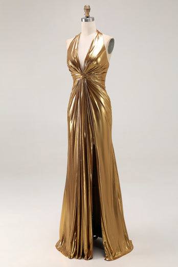Sparkly Gold Halter Metallic Ruched Long Formal Dress with Slit
