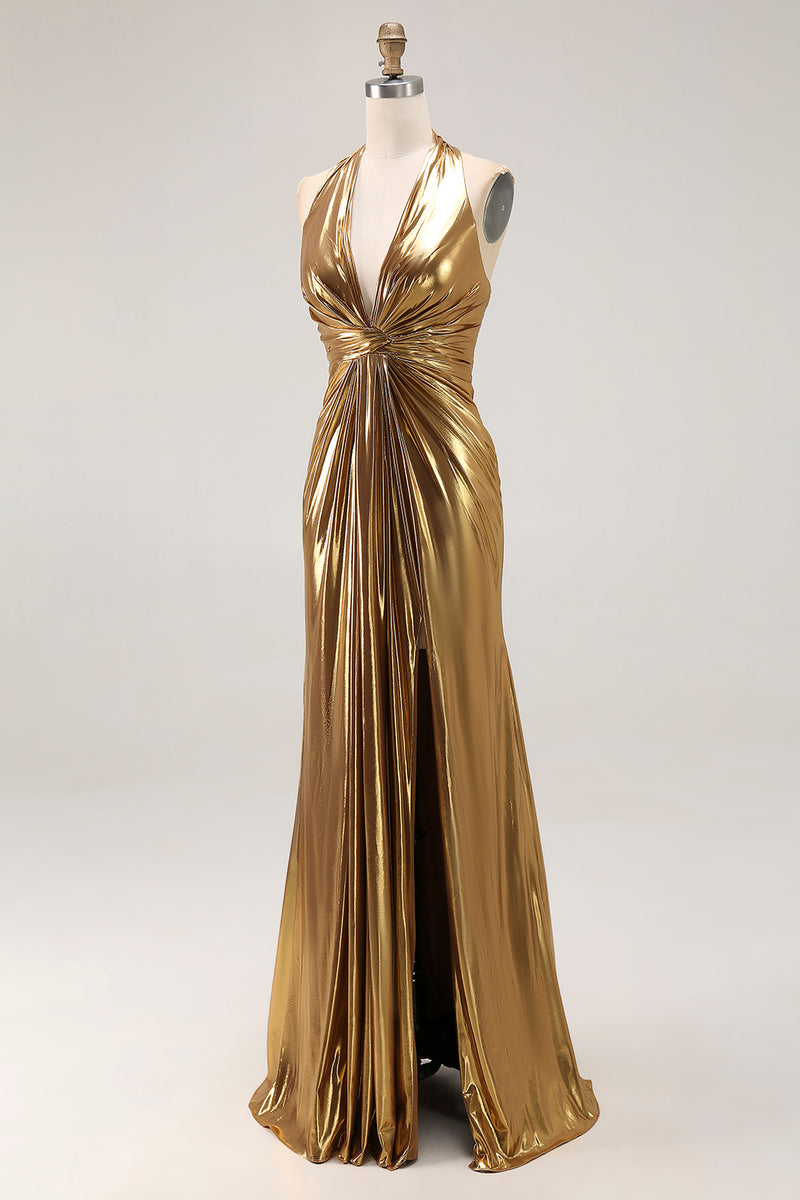 Load image into Gallery viewer, Sparkly Gold Halter Metallic Ruched Long Formal Dress with Slit