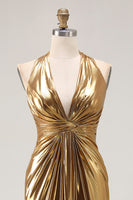 Load image into Gallery viewer, Sparkly Gold Halter Metallic Ruched Long Formal Dress with Slit