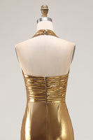 Load image into Gallery viewer, Sparkly Gold Halter Metallic Ruched Long Formal Dress with Slit