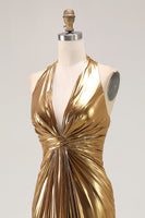 Load image into Gallery viewer, Sparkly Gold Halter Metallic Ruched Long Formal Dress with Slit