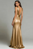 Load image into Gallery viewer, Sparkly Gold Metallic Deep V-Neck Long Formal Dress