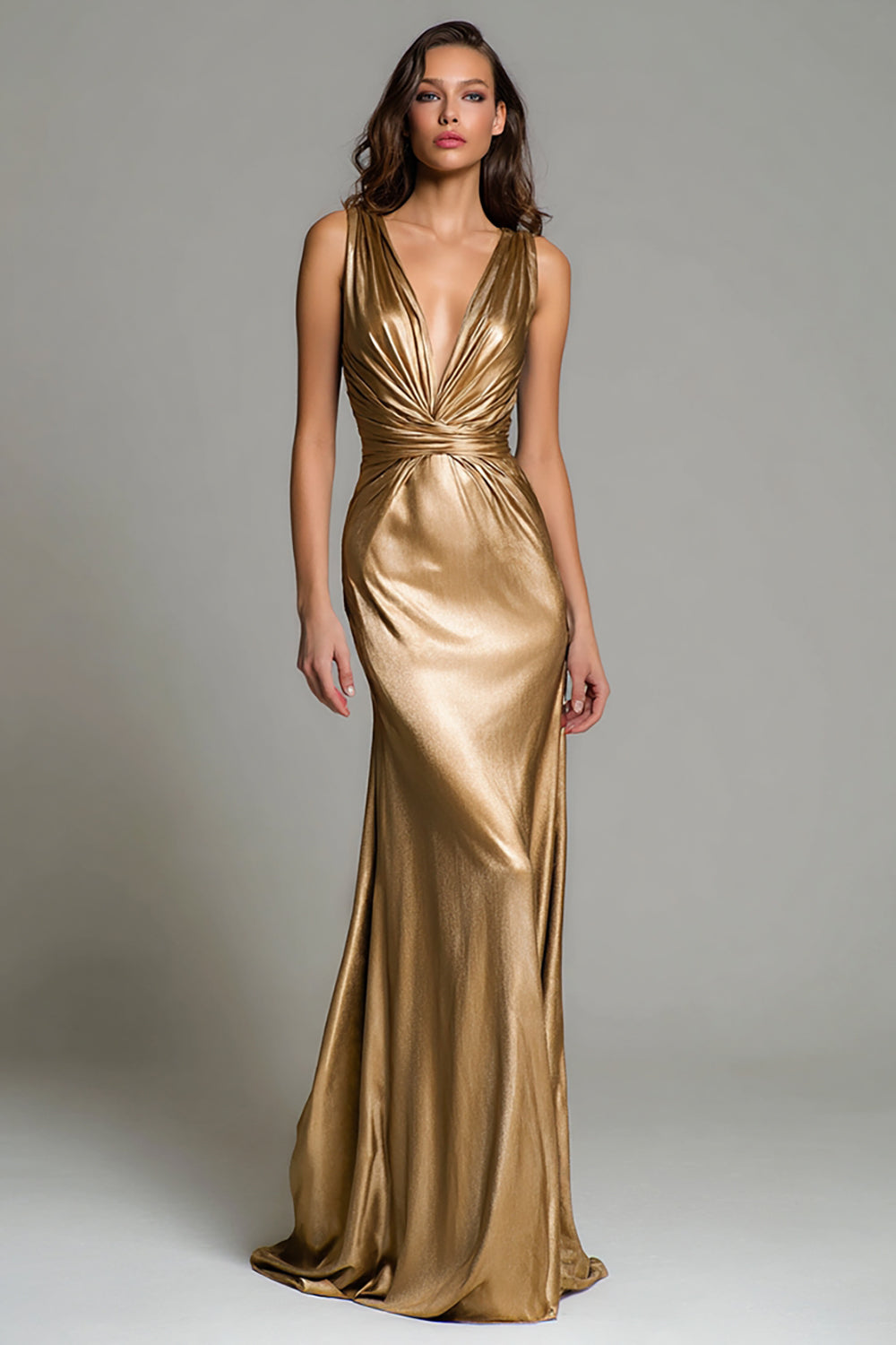 Sparkly Gold Metallic Deep V-Neck Long Formal Dress