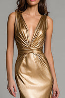 Load image into Gallery viewer, Sparkly Gold Metallic Deep V-Neck Long Formal Dress