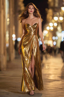 Load image into Gallery viewer, Sparkly Gold Metallic Sweetheart Long Formal Dress with Slit