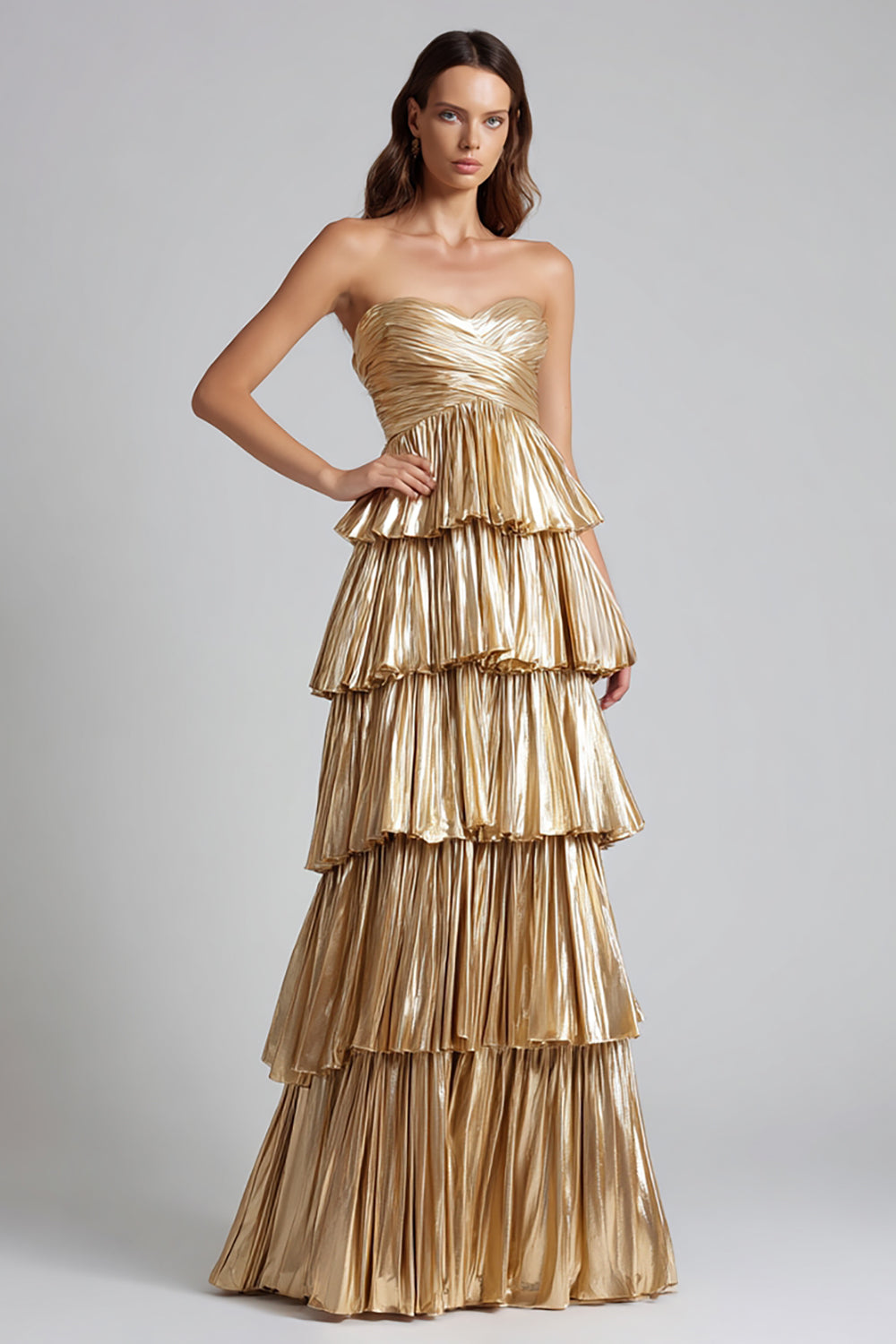 Sparkly Gold Sweetheart Pleated Metallic Ruffled Long Formal Dress