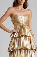 Load image into Gallery viewer, Sparkly Gold Sweetheart Pleated Metallic Ruffled Long Formal Dress