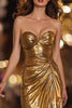Load image into Gallery viewer, Sparkly Gold Metallic Sweetheart Ruched Long Formal Dress with Slit