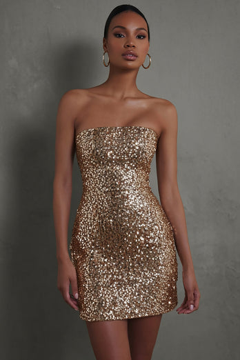 Sparkly Gold Strapless Tight Short Cocktail Dress with Sequin