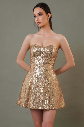 Sparkly Gold A-Line Sweetheart Sequin Short Cocktail Dress