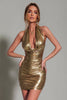Load image into Gallery viewer, Women Sparkly Gold Metallic Short Cocktail Dress Halter Neck Ruched Tight Prom Dress