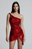 Load image into Gallery viewer, Sparkly Red Sequin One Shoulder Bodycon Asymmetrical Short Cocktail Dress