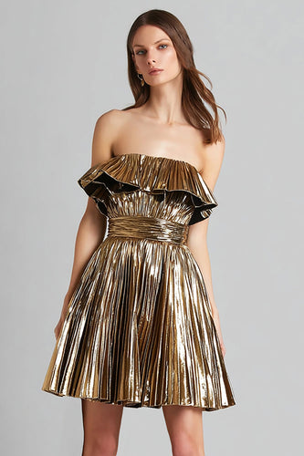 Sparkly Gold Metallic Strapless Pleated A-Line Short Cocktail Dress