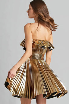 Sparkly Gold Metallic Strapless Pleated A-Line Short Cocktail Dress